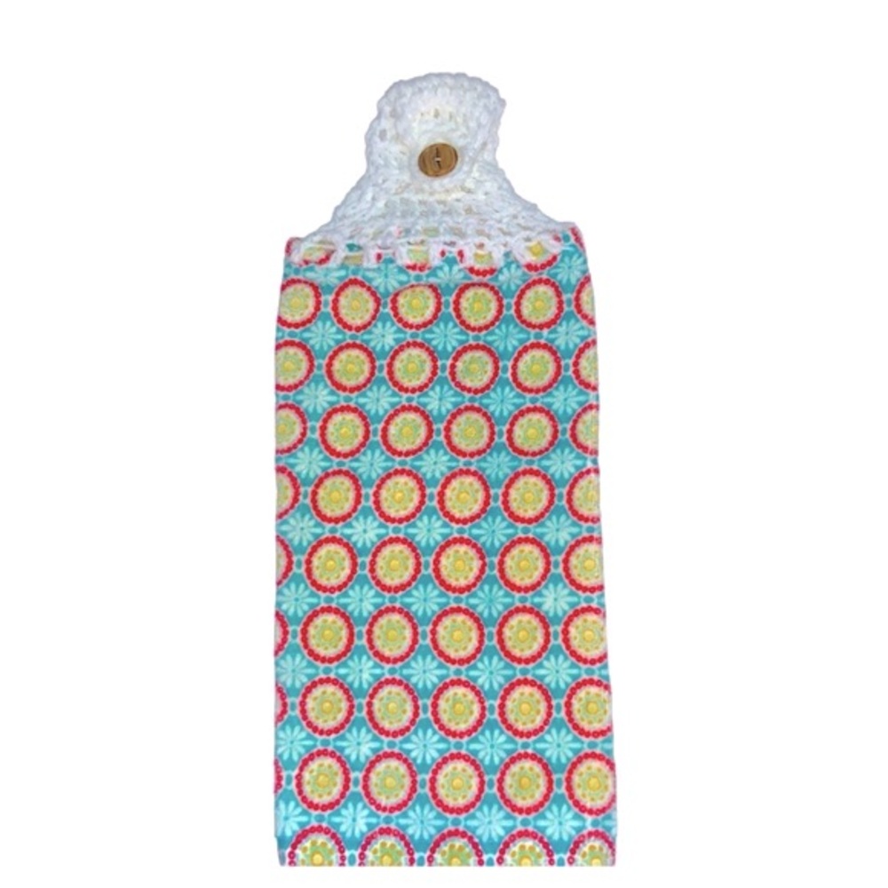 HAND CRAFTED Colorful Floral Crochet Top Hanging Kitchen or Bathroom Hand Towel